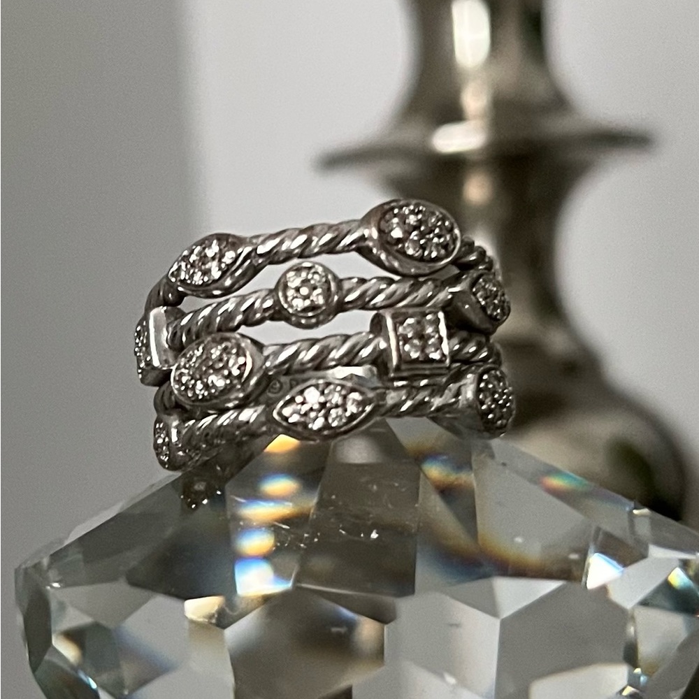 David Yurman Four Row Silver With Diamonds Ring